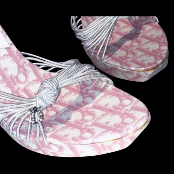 DIOR Girly Pink Monogram Logo Denim Trotter Platform Wedge Sandal Mule - Picture 4 of 9